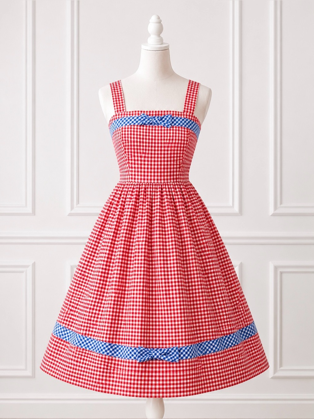 Unique Vintage 1960s Movie Date Red & Blue Gingham Swing Dress, XL, NWT! - Picture 7 of 16